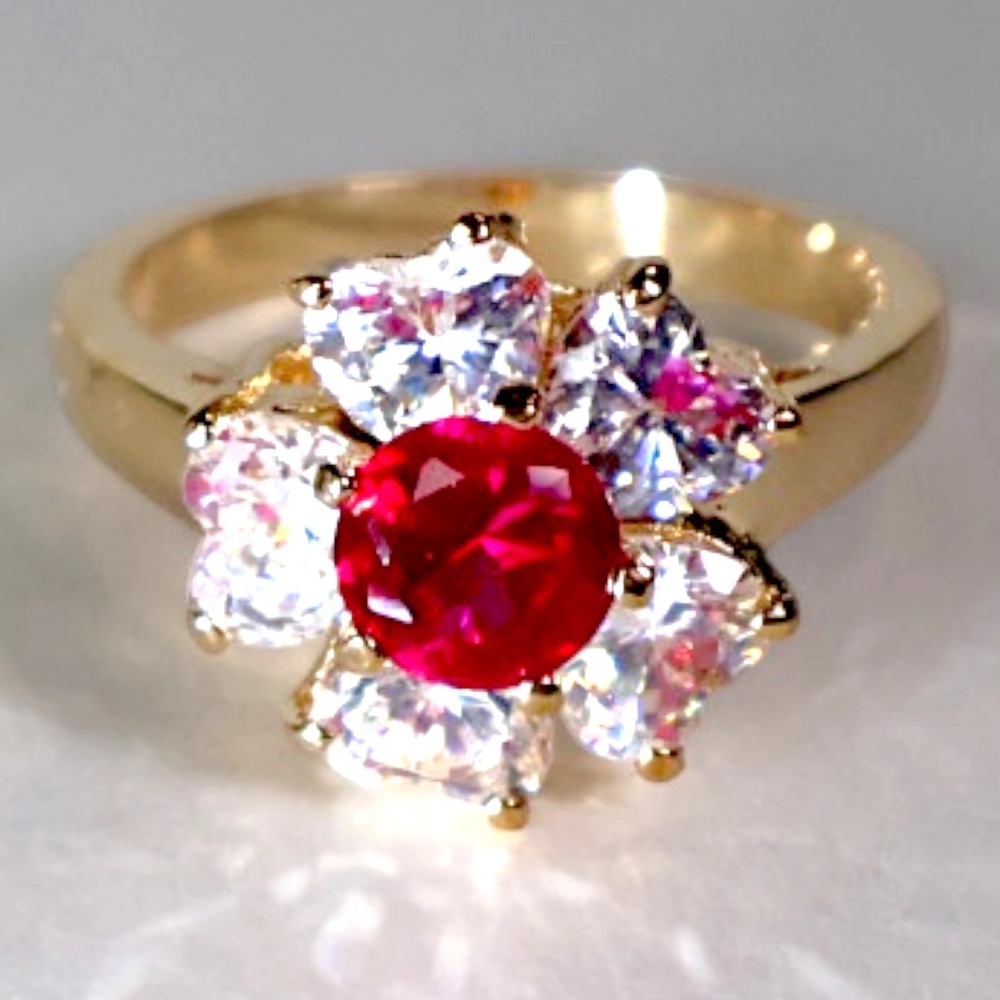 Swarovski Crystal Flower Ring 14k Gold Overlay Red Heart Cluster Size 10 New